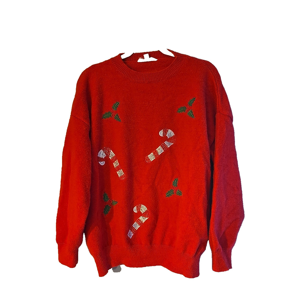 Vine & Love Red Christmas Theme Metallic Knit Pullover Sweater Womans Size Large